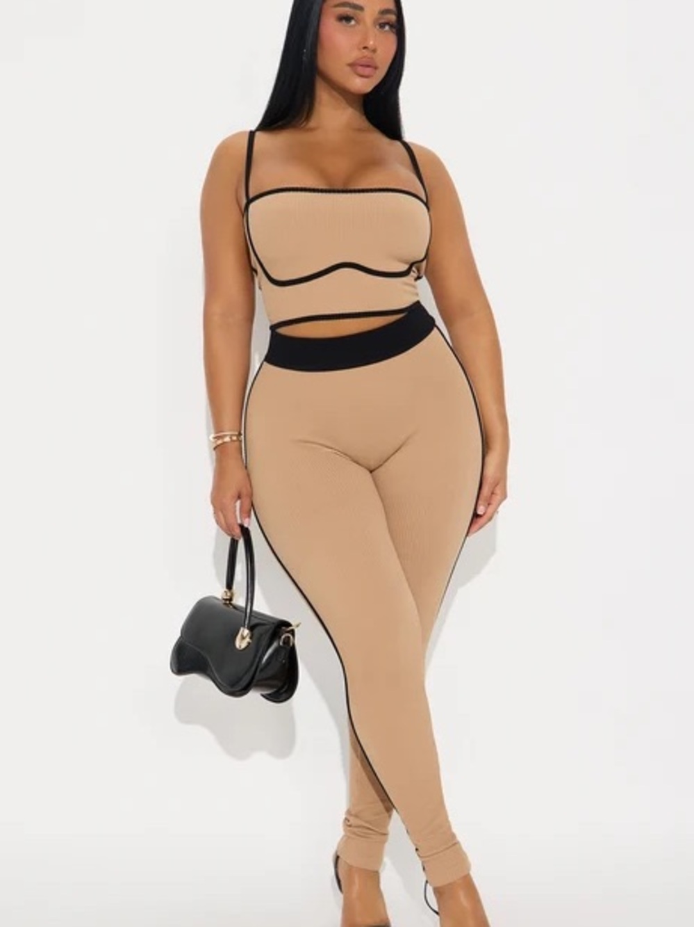 Fashion Nova Tan Ribbed Two-Piece Jumpsuit Set with Black Trim Accents